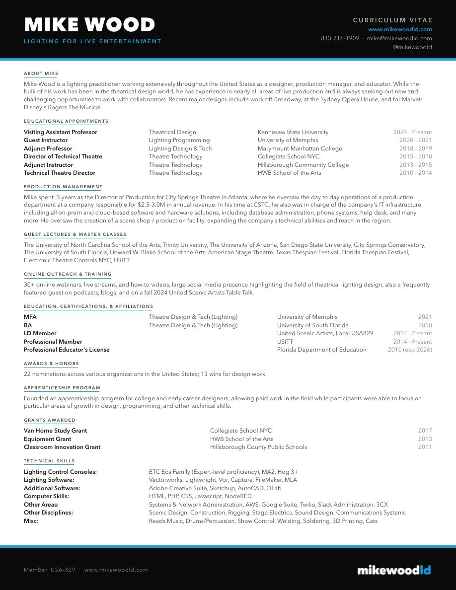 The first page of Mike Wood's curriculum vitae