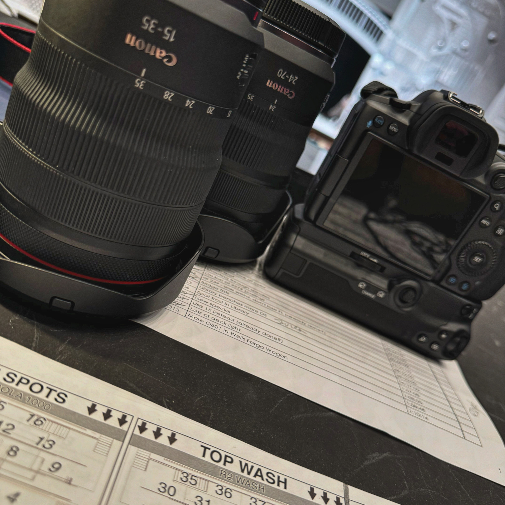Canon R5 with the RF 15-35 and RF 24-70 lenses, sitting on top of a magic sheet at the tech table