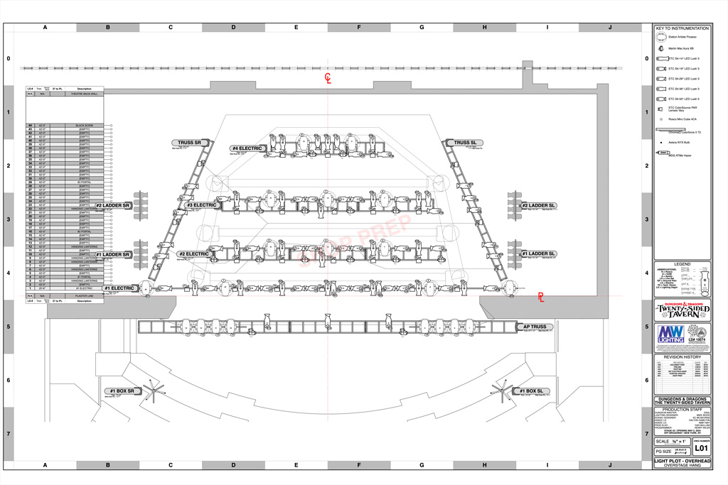 The full overhead lighting plot for Twenty-Sided Tavern