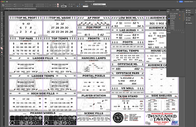 An InDesign layout of the magic sheet for The Twenty-Sided Tavern, showing labeled lighting positions and channel numbers across the page, with the show's logo in the corner
