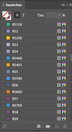 A column of gel color swatches in InDesign