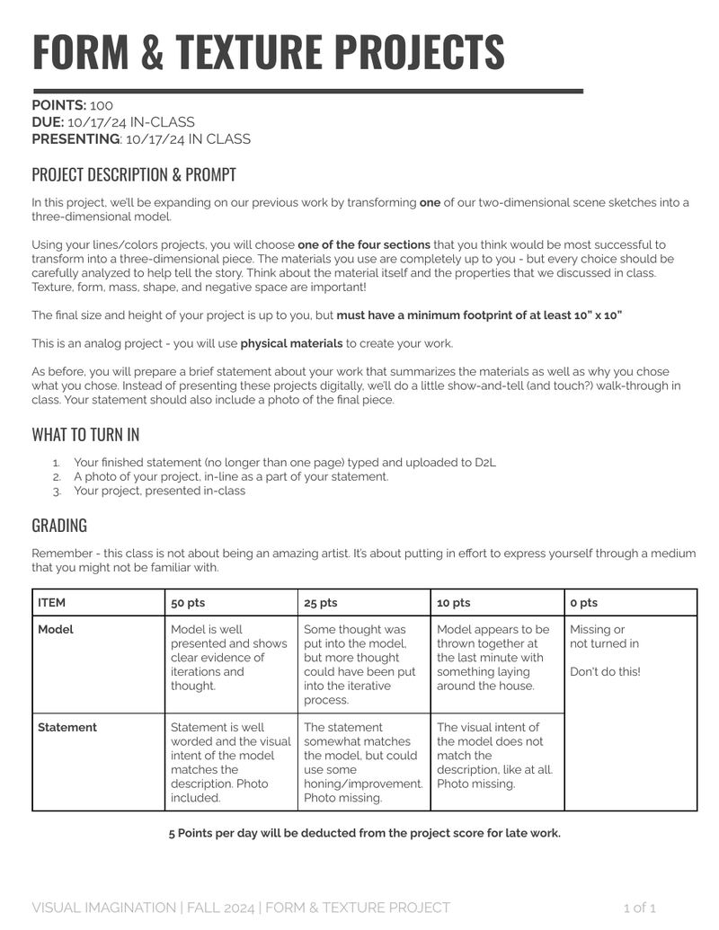 Form & Texture Project assignment brief, page 1