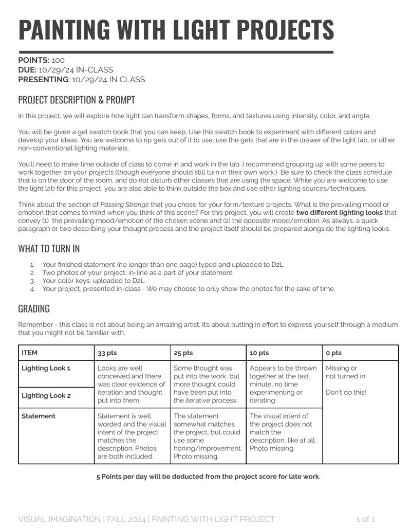 Painting with Light Project assignment brief, page 1