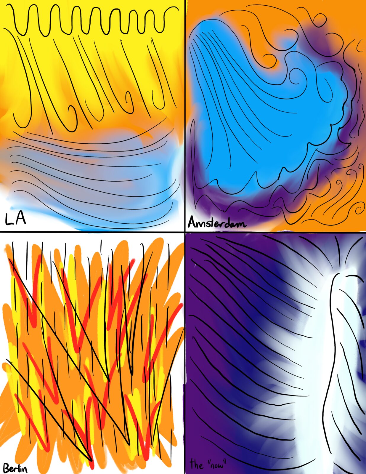 Jacob Anderson · Color project: digital expansion of the lines project with a color palette per section — yellow/blue washes for LA, oranges and purples for Amsterdam, fiery reds and oranges for Berlin, deep purple with cool gradients for the "now"