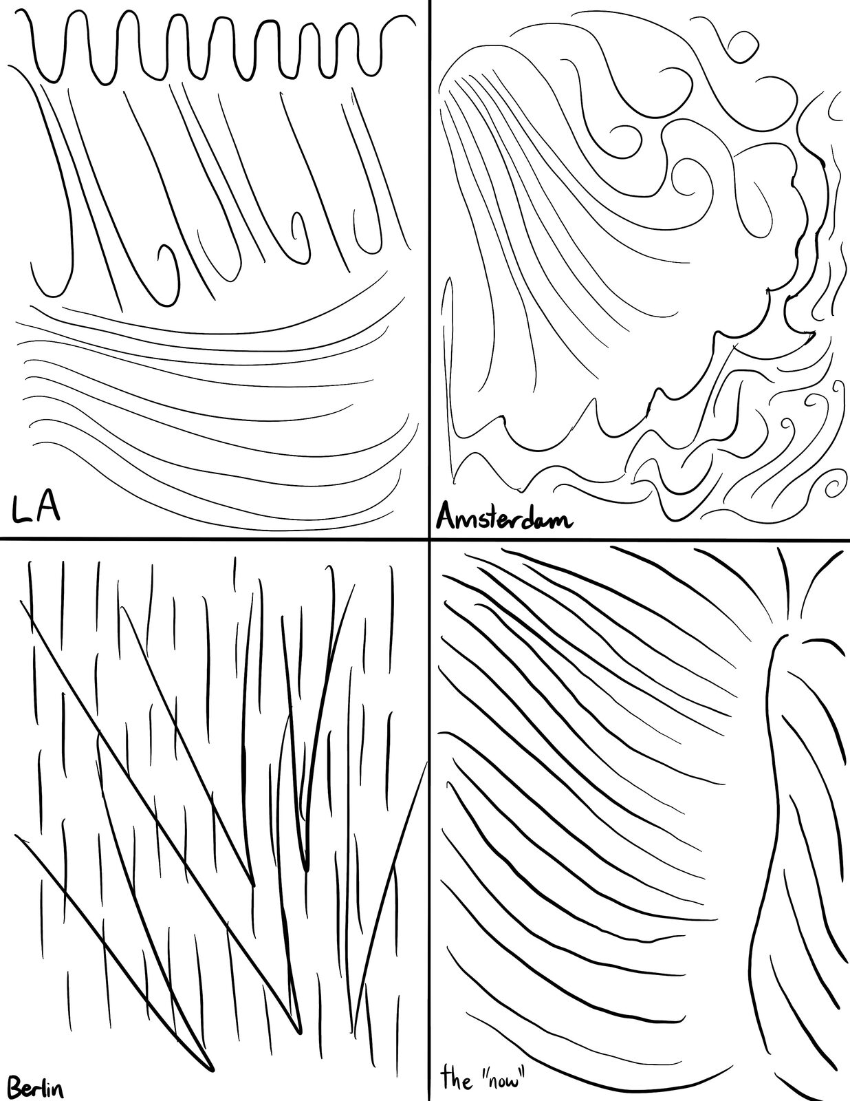 Jacob Anderson · Lines project: four pen-only sketches in a 2×2 grid, each labeled (LA, Amsterdam, Berlin, the "now"), exploring direction and rhythm of line per section