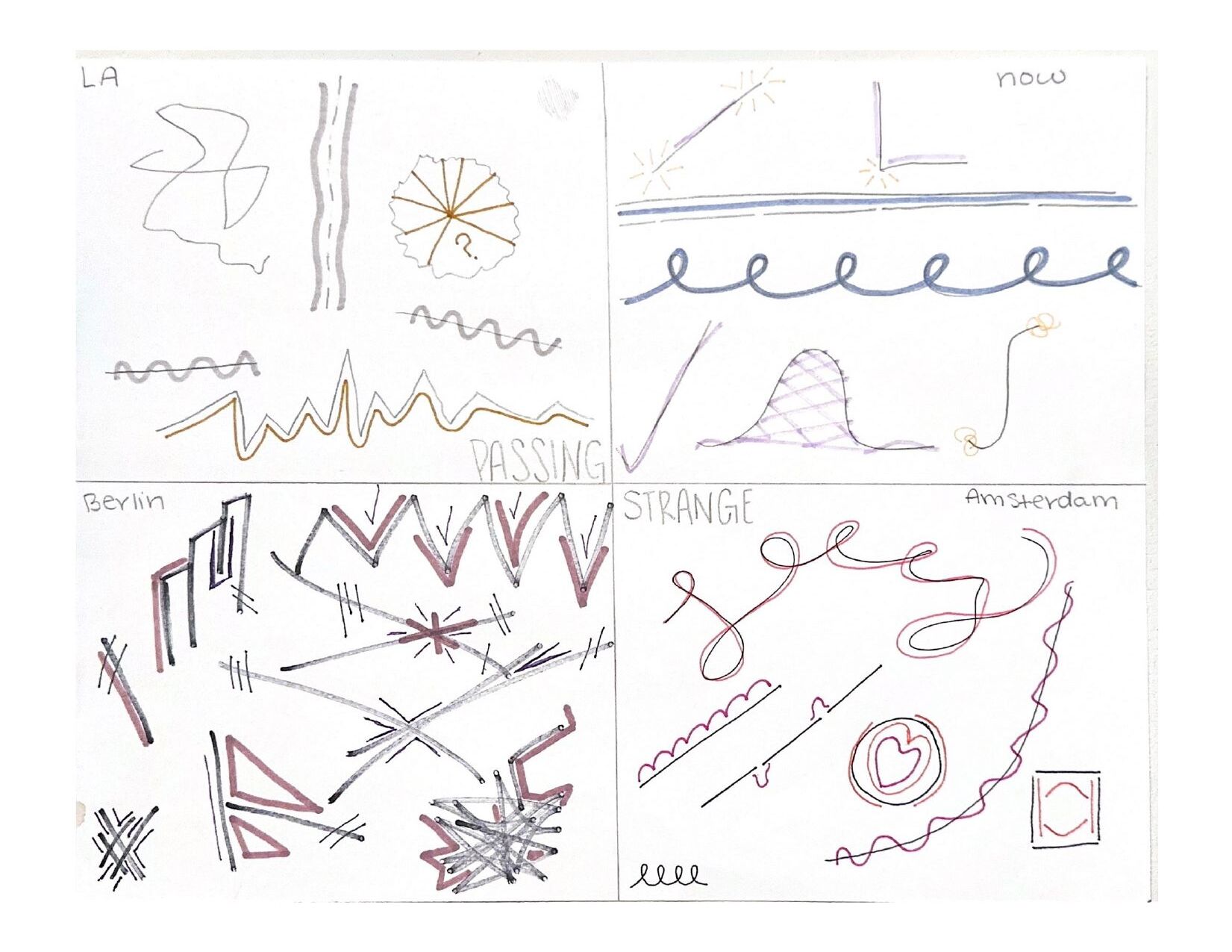 Livia Stetson · Color project: the same four-window composition with up to four colors per section layered onto the lines