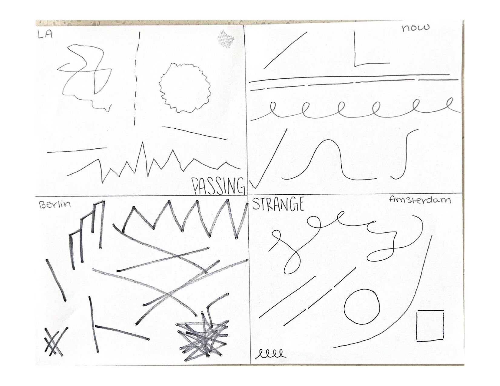 Livia Stetson · Lines project: four pen-only sketches arranged in a 2×2 grid around the title PASSING STRANGE, one for each section of the show (LA, Berlin, Amsterdam, Now)