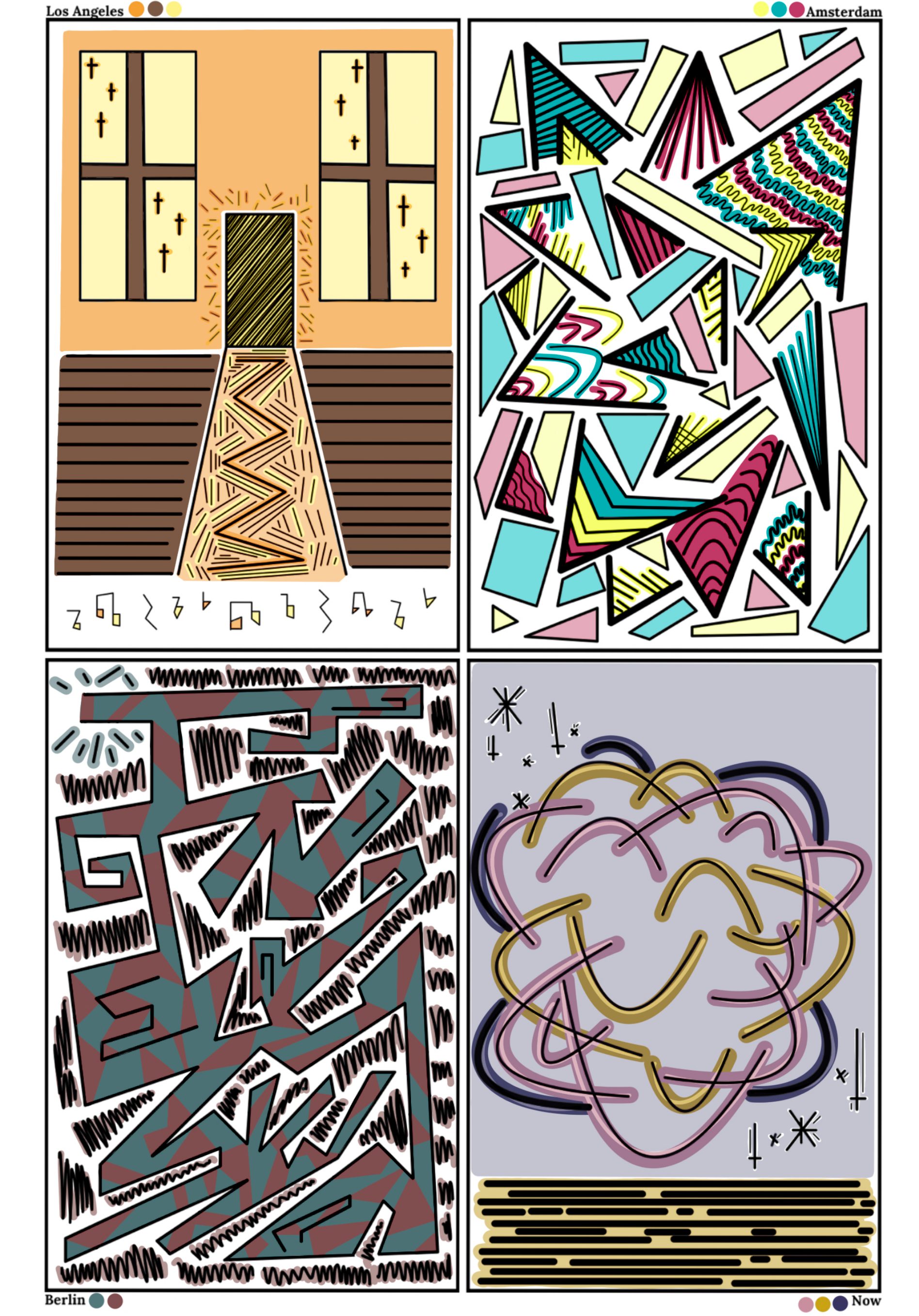Sydney Jasper · Color project: the same four-window composition with a saturated palette per scene — sepia and yellow for LA, hot pinks and teals for Amsterdam, deep red and dark green for Berlin, lavender and gold for the Now