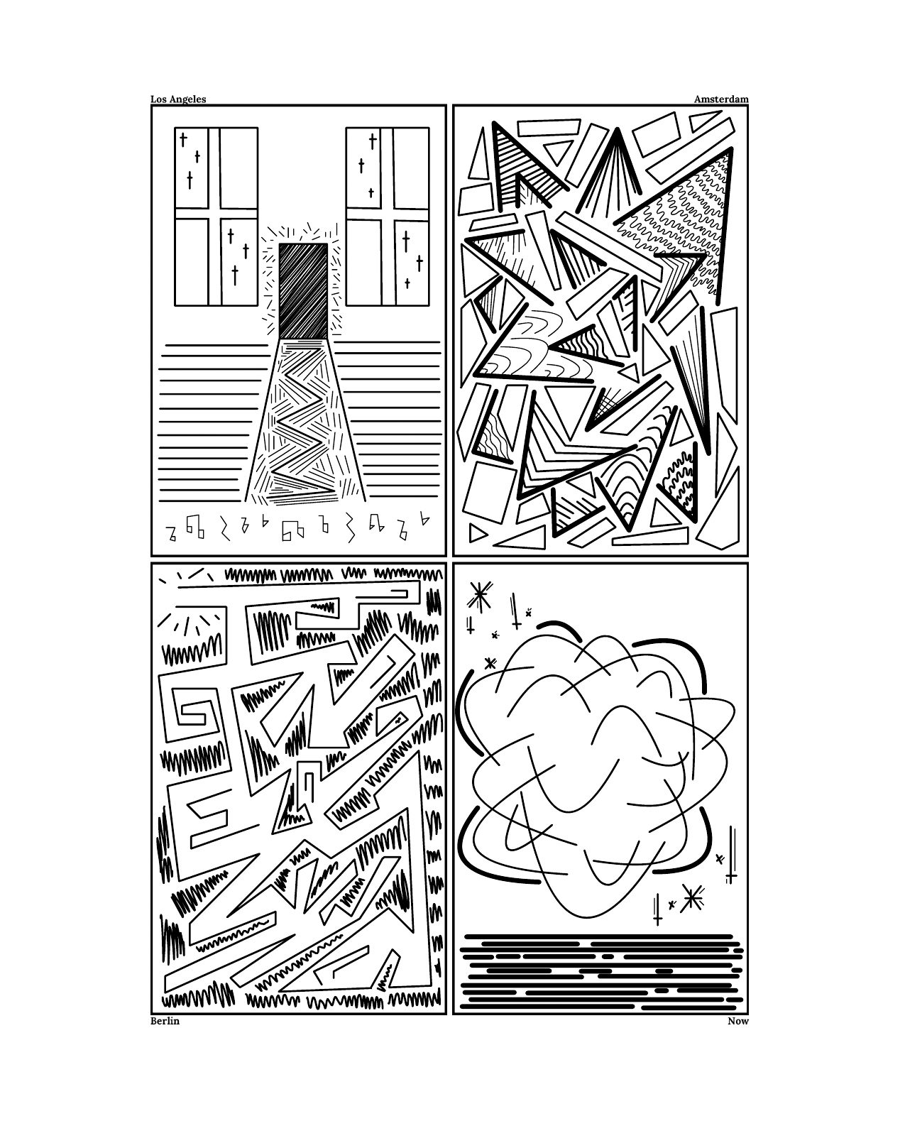 Sydney Jasper · Lines project: four hand-drawn pen-only panels — Los Angeles as a tall church-like building with crosses on its windows and a torch base, Amsterdam as overlapping geometric shards, Berlin as an angular maze, Now as a tangled scribbled mass with sparks around it